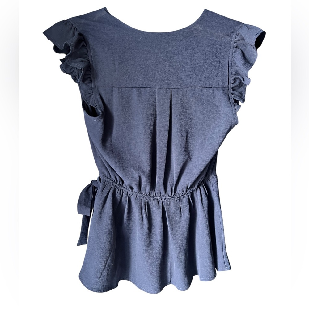 Monteau Los Angeles Wrap Top Small Blue Ruffle Sleeve Peplum Blouse Tie Waist - Picture 5 of 8